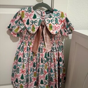 Festive Bow & Christmas Tree Smocked Dress with Velvet Tie - NWOT